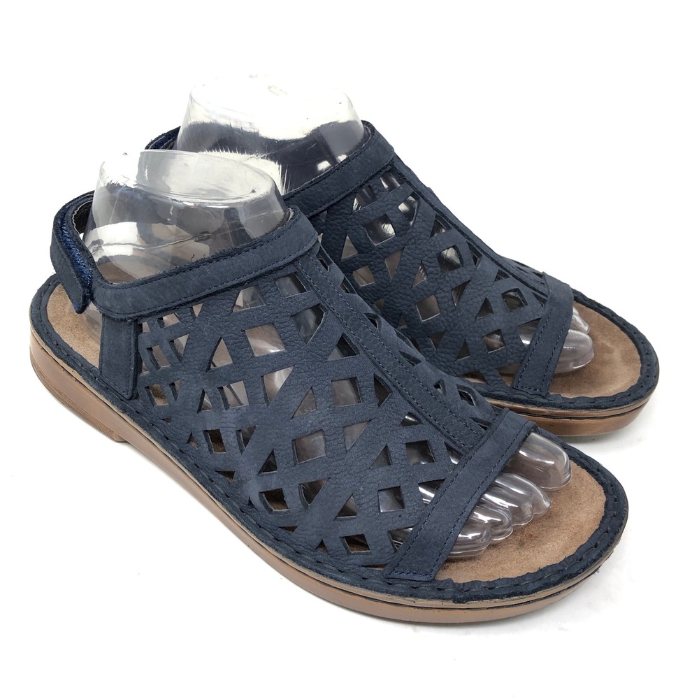 Naot Womens 39 Sandals Amadora Navy Blue Leather Cutout Slingback Flat